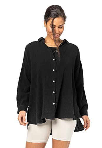 Sublevel Damen Musselin Bluse Muslin Long-Bluse Langarm Oversize Baumwolle Black L/XL von Sublevel