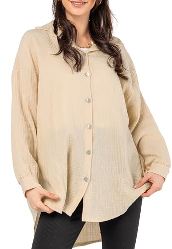 Sublevel Damen Musselin Bluse Muslin Long-Bluse Langarm Oversize Baumwolle Light-beige L/XL von Sublevel