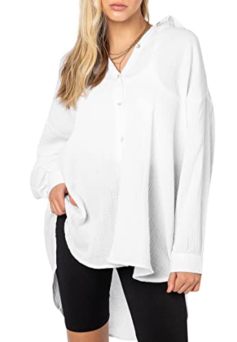 Sublevel Damen Musselin Bluse Muslin Long-Bluse Langarm Oversize Baumwolle White M/L von Sublevel