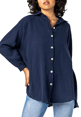 Sublevel Damen Musselin Bluse Muslin Long-Bluse Langarm Oversize Baumwolle Dark-Blue L/XL von Sublevel