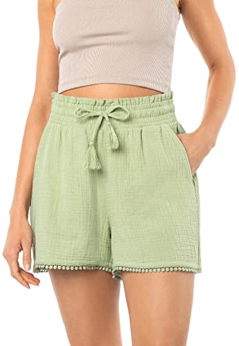 Sublevel Damen Musselin Shorts aus Baumwolle mit Bommelborte Light-Green L von Sublevel