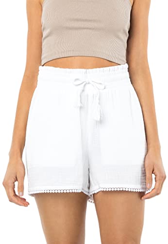 Sublevel Damen Musselin Shorts aus Baumwolle mit Bommelborte White L von Sublevel