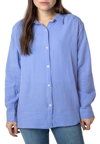 Sublevel Damen Oversize Musselin Bluse mit Kentkragen - Luftig, Knopfleiste, überschnittene Schulter - Sommerstil in Schwarz, Weiß, Blau, Hellbeige und hellgrün Blue M/L von Sublevel