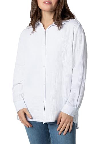 Sublevel Damen Oversize Musselin Bluse mit Kentkragen - Luftig, Knopfleiste, überschnittene Schulter - Sommerstil in Schwarz, Weiß, Blau, Hellbeige und hellgrün White L/XL von Sublevel