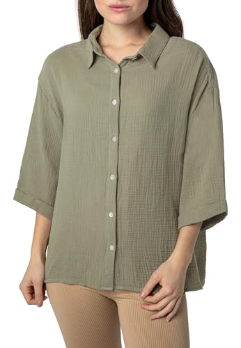 Sublevel Damen Oversize Musselin Kurzarmbluse mit Umlegekragen und Knopfleiste - Leicht und Vielseitige Sommermode Middle-Green S/M von Sublevel