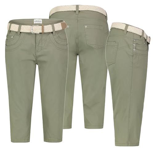 Sublevel Damen Short Bermuda 3/4 Hose Sommer Chino Stoff Hose mit Gürtel Capri, Hosengröße:XXL (44), Farbe:Olive von Sublevel