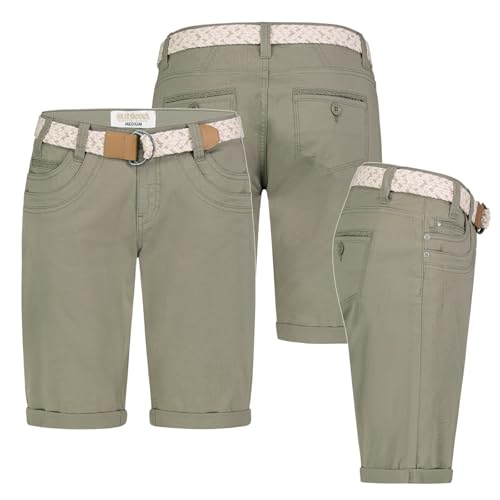 Sublevel Damen Short Bermuda Kurze Hose Sommer Chino Stoff Hose mit Gürtel Neu, Hosengröße:L (40), Farbe:Olive von Sublevel