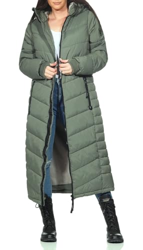 Sublevel Damen Steppmantel extralang LSL-491 gesteppter Wintermantel mit Kapuze Dusty Olive XL von Sublevel