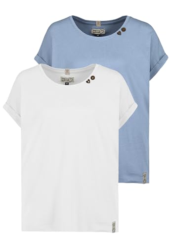 Sublevel Damen T-Shirt 2er Set Rundhals mit Knöpfen bequem, Farben:Blau-Weiß, Größe:M von Sublevel