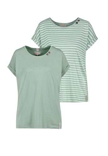 Sublevel Damen T-Shirt 2er Set Rundhals mit Knöpfen bequem, Farben:Weiß-Grün, Größe:L von Sublevel