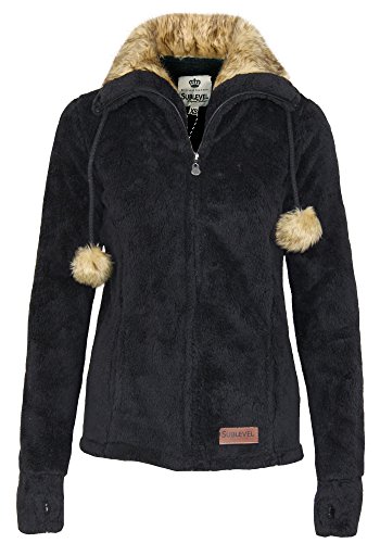 Sublevel Damen Teddy Fleecejacke mit Fell Kragen und Bommeln, Größe:L, Farbe:Black von Sublevel