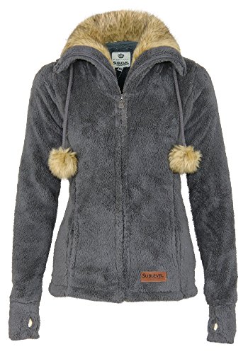 Sublevel Damen Teddy Fleecejacke mit Fell Kragen und Bommeln, Größe:S, Farbe:Dark Grey von Sublevel