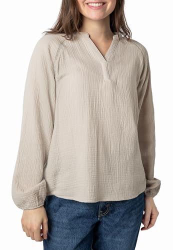 Sublevel Damen V-Ausschnitt Langarmbluse aus Luftigem Musselin - Vielseitigkeit für Sommer und Frühling Light-beige S von Sublevel