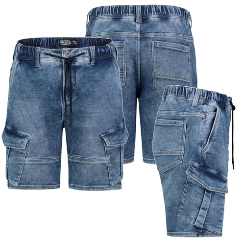 Sublevel Herren Jogging Shorts Freizeit Bermuda Kurze Hose Jeans Sweat Cargo, Hosengröße:W30, Farbe:KD11-darkbludenim von Sublevel