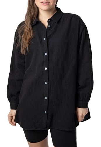 Sublevel Langarm Musselin Bluse mit Kentkragen - Damen Muselin Oversize Bluse, Baumwolle, Knopfleiste in verschienden Farben Black M/L von Sublevel