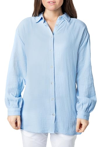 Sublevel Langarm Musselin Bluse mit Kentkragen - Damen Muselin Oversize Bluse, Baumwolle, Knopfleiste in verschienden Farben Light-Blue L/XL von Sublevel