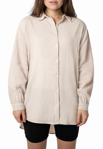 Sublevel Langarm Musselin Bluse mit Kentkragen - Damen Muselin Oversize Bluse, Baumwolle, Knopfleiste in verschienden Farben Light-beige M/L von Sublevel