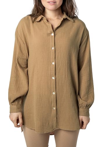 Sublevel Langarm Musselin Bluse mit Kentkragen - Damen Muselin Oversize Bluse, Baumwolle, Knopfleiste in verschienden Farben Middle-beige S/M von Sublevel