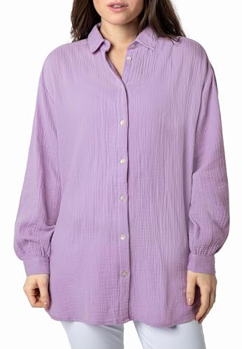 Sublevel Langarm Musselin Bluse mit Kentkragen - Damen Muselin Oversize Bluse, Baumwolle, Knopfleiste in verschienden Farben Purple L/XL von Sublevel