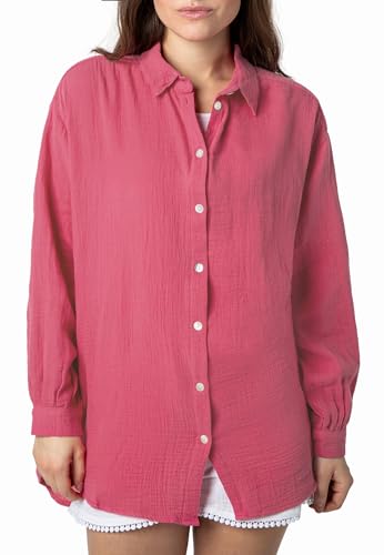 Sublevel Langarm Musselin Bluse mit Kentkragen - Damen Muselin Oversize Bluse, Baumwolle, Knopfleiste in verschienden Farben pink M/L von Sublevel