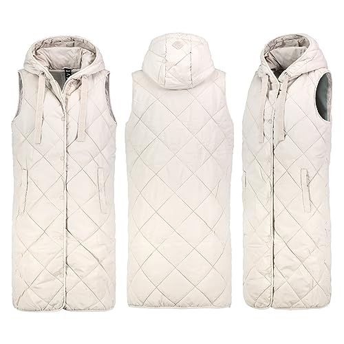 Sublevel Lange Stepp weste Kapuze Übergangs Herbst Winter Weste Windbreaker Langeweste, Farbe:Beige, Größe:L 40 von Sublevel