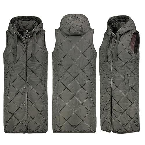 Sublevel Lange Stepp weste Kapuze Übergangs Herbst Winter Weste Windbreaker Langeweste, Farbe:Olive, Größe:S 36 von Sublevel