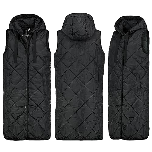 Sublevel Lange Stepp weste Kapuze Übergangs Herbst Winter Weste Windbreaker Langeweste, Farbe:Schwarz, Größe:L 40 von Sublevel