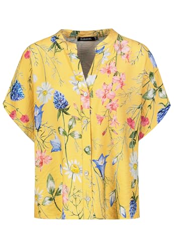 Sublevel Modische Kurzarmbluse mit Blumenmuster und Knopfleiste, Farben:Gelb, Größe:S-M von Sublevel