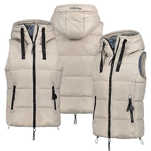 Sublevel Stepp weste Kapuze Übergangs Herbst Winter Weste Windbreaker Kordel, Farbe:Beige, Größe:S 36 von Sublevel