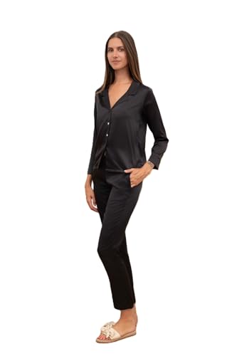 Sublime Secret Einfarbiger Satin-Pyjama-Set für Damen, Oberteil mit Knopfleiste, passend zu einer Hose mit Taschen., Schwarz , L Sublime Secret Einfarbiger Satin-Pyjama-Set für Damen, Oberteil mit Knopfleiste, passend zu einer Hose mit Taschen., Schwarz , L von Sublime Secret