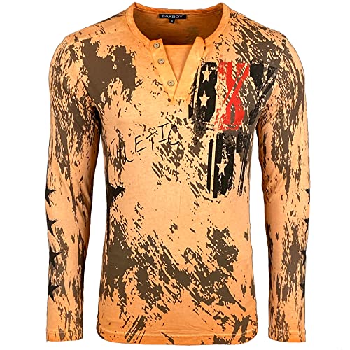 Delaver Herren-T-Shirt, langärmlig, trendig, Rundhalsausschnitt, Knöpfe, Orange, Weiß und Dunkelgrau BX702, Orange, XL von Subliminal Mode
