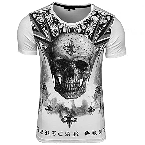 Herren-T-Shirt, Totenkopf, Rundhalsausschnitt, bedruckt, Lilienblüte, mit Strass, kurzärmelig, erhältlich in Schwarz, Weiß, Grau, Türkis, Größe S bis XXL, Geschenkidee für Weihnachten, Valentinstag, von Subliminal Mode