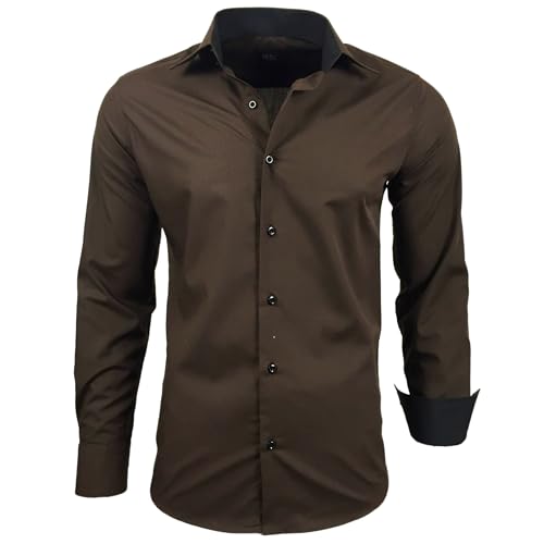 Subliminal Mode - Herren Hemd Zweifarbig Unifarbe Lange Ärmel Slim Fit Unternehmen Rn44 - Braun, M von Subliminal Mode