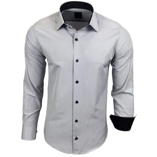 Subliminal Mode - Herren Hemd Zweifarbig Unifarbe Lange Ärmel Slim Fit Unternehmen Rn44 - Grau Licht, XL von Subliminal Mode