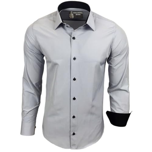 Subliminal Mode - Herren Hemd Zweifarbig Unifarbe Lange Ärmel Slim Fit Unternehmen Rn44 - Grau Licht, XXL von Subliminal Mode