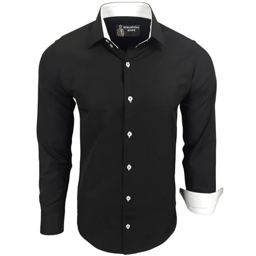 Subliminal Mode - Herren Hemd Zweifarbig Unifarbe Lange Ärmel Slim Fit Unternehmen Rn44 - Schwarz, XL von Subliminal Mode