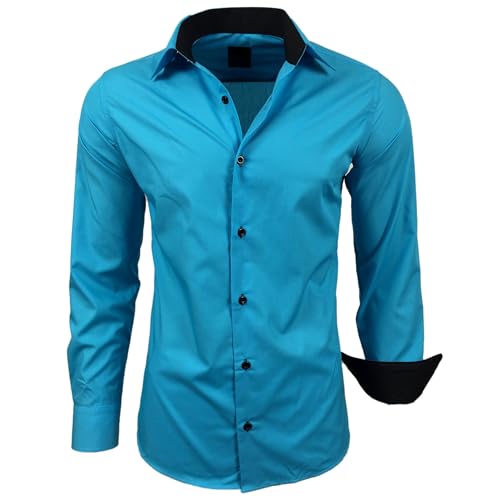 Subliminal Mode - Herren Hemd Zweifarbig Unifarbe Lange Ärmel Slim Fit Unternehmen Rn44 - Türkis, S von Subliminal Mode