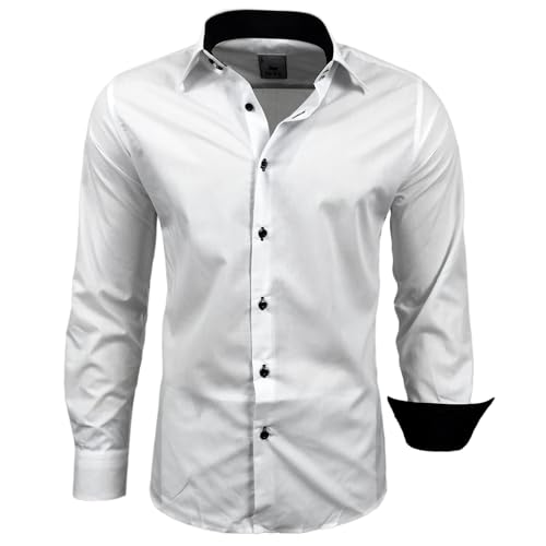 Subliminal Mode - Herren Hemd Zweifarbig Unifarbe Lange Ärmel Slim Fit Unternehmen Rn44 - Weiß, XXL von Subliminal Mode