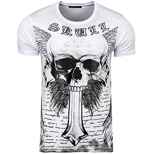 Subliminal Mode Herren-T-Shirt, Totenkopf, Rundhalsausschnitt, bedruckt mit Strass, kurze Ärmel, erhältlich in Schwarz, Weiß, Rot, Größe S bis XXL,, Valentinstag Gr. M, weiß von Subliminal Mode