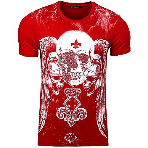 Subliminal Mode HerrenTShirt Totenkopf Rundhalsausschnitt bedruckt mit Strass kurze Ärmel erhältlich in Schwarz Weiß Rot Größe S bis XXL Geschenkidee für Weihnachten Valentinstag Gr. L rot von Subliminal Mode