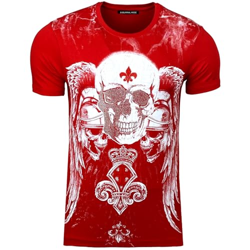 Subliminal Mode HerrenTShirt Totenkopf Rundhalsausschnitt bedruckt mit Strass kurze Ärmel erhältlich in Schwarz Weiß Rot Größe S bis XXL Geschenkidee für Weihnachten Valentinstag Gr. L rot von Subliminal Mode