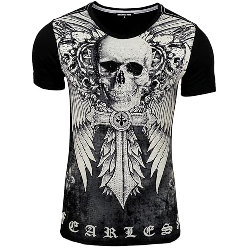 Subliminal Mode HerrenTShirt Totenkopf Rundhalsausschnitt bedruckt mit Strass kurze Ärmel erhältlich in Schwarz Weiß Rot Größe S bis XXL Geschenkidee für Weihnachten Valentinstag Gr. S Schwarz von Subliminal Mode