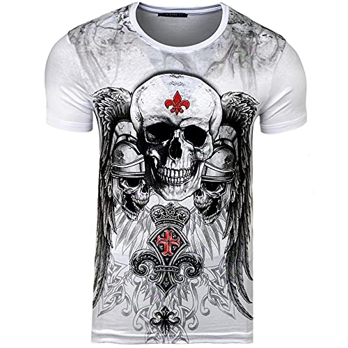 Subliminal Mode HerrenTShirt Totenkopf Rundhalsausschnitt bedruckt mit Strass kurze Ärmel erhältlich in Schwarz Weiß Rot Größe S bis XXL Geschenkidee für Weihnachten Valentinstag Gr. XXL weiß von Subliminal Mode