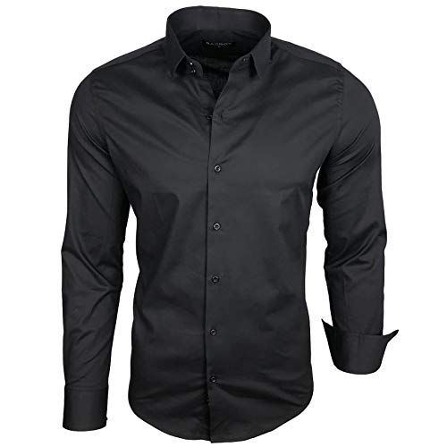 Subliminal Mode - Herrenhemd, tailliert, Kragen und Ärmel, zweifarbig, mit einfachem Bügeln, langärmlig, lässig, S500, einfarbig schwarz, S von Subliminal Mode
