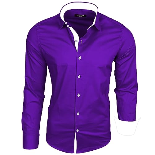 Subliminal Mode - Herrenhemd, tailliert, Kragen und Ärmel, zweifarbig, mit einfachem Bügeln, langärmlig, lässig, S500, violett, S von Subliminal Mode