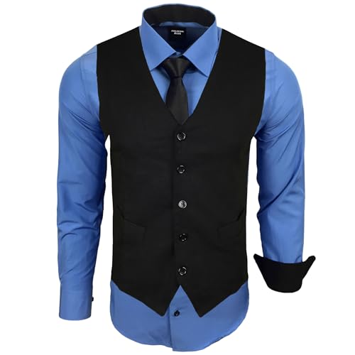 Subliminal Mode - Weste + Hemd + Krawatte Herren Kragen zweifarbig Uni Langarm Slim Fit Business bügelleicht RN33, blau, S von Subliminal Mode