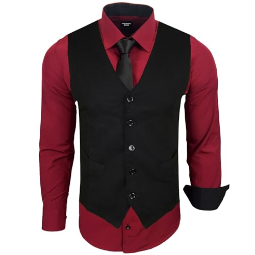Subliminal Mode - Weste + Hemd + Krawatte Herren Kragen zweifarbig Uni Langarm Slim Fit Business bügelleicht RN33, bordeaux, L von Subliminal Mode
