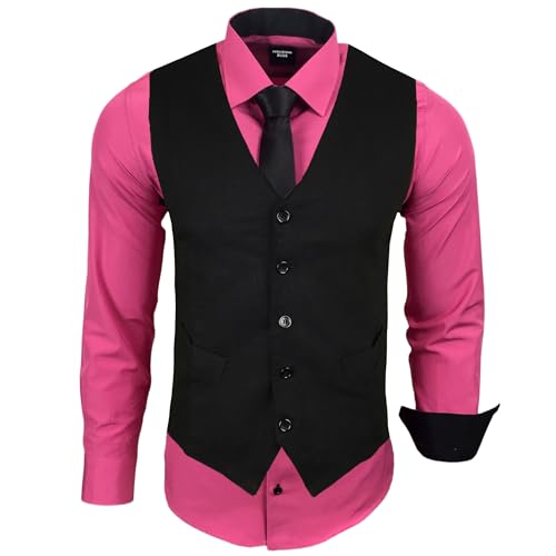 Subliminal Mode - Weste + Hemd + Krawatte Herren Kragen zweifarbig Uni Langarm Slim Fit Business bügelleicht RN33, fuchsia, XL von Subliminal Mode