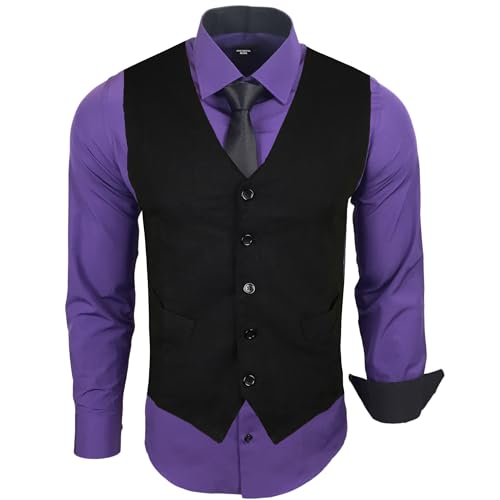 Subliminal Mode - Weste + Hemd + Krawatte Herren Kragen zweifarbig Uni Langarm Slim Fit Business bügelleicht RN33, violett, M von Subliminal Mode
