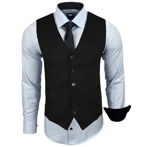 Subliminal Mode - Weste + Hemd + Krawatte Herren Kragen zweifarbig Uni Langarm Slim Fit Business bügelleicht RN33 Schwarz und Himmelblau XXL von Subliminal Mode